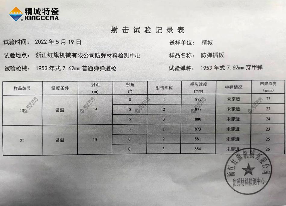 精城特瓷氧化铝防弹插板射击试验记录